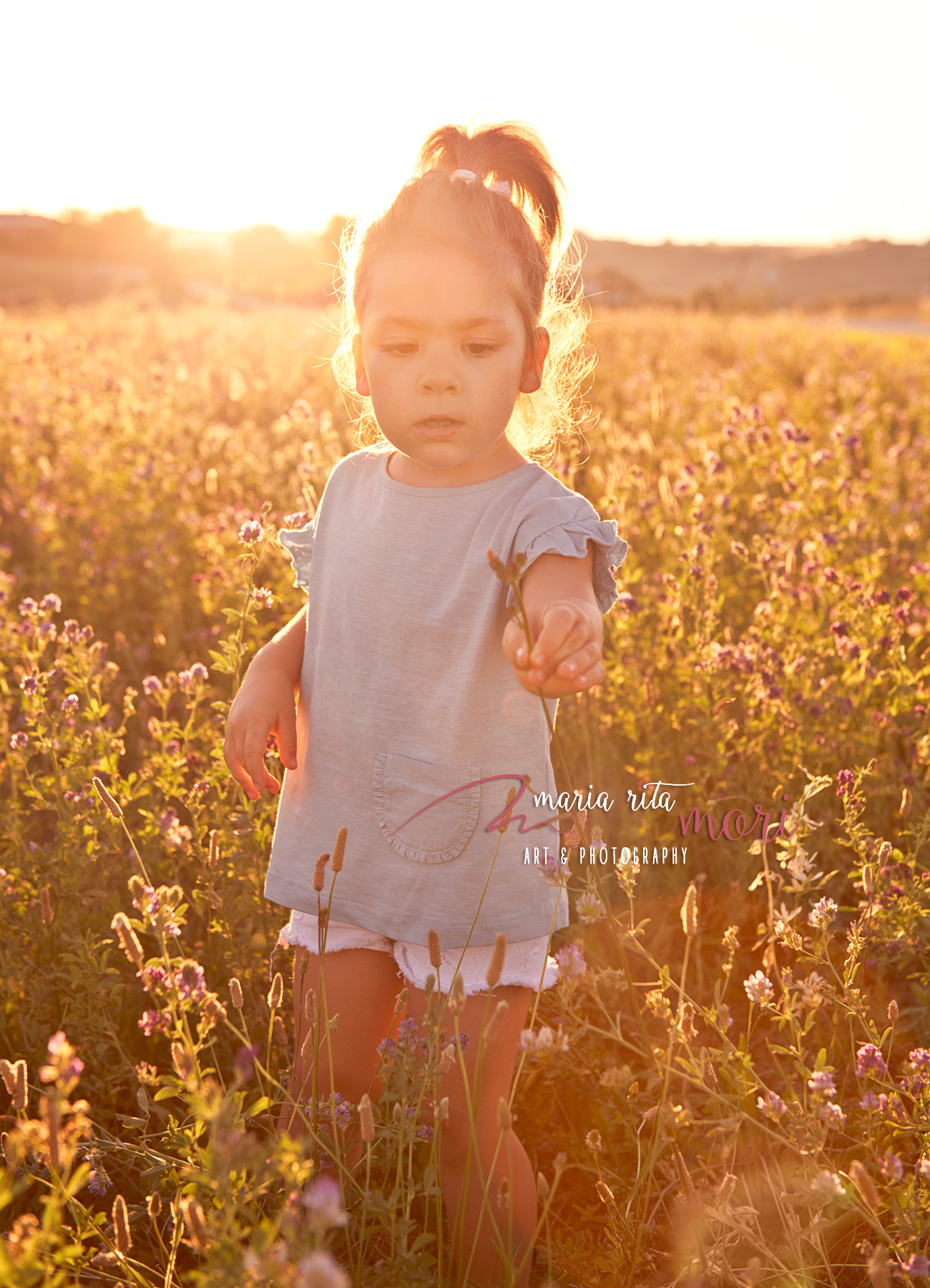 Bambina in un campo di Lavanda al tramonto